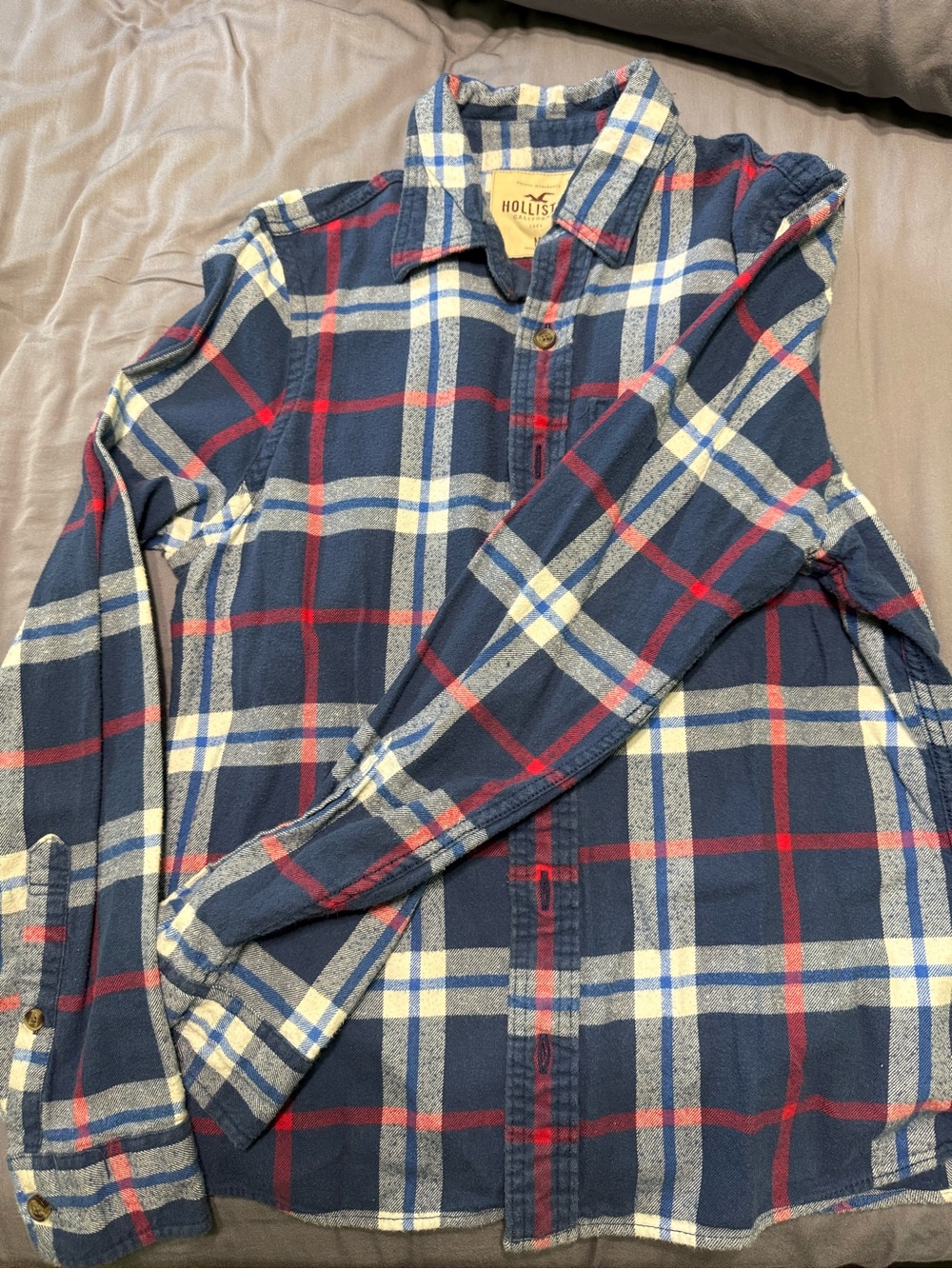 Hollister Blue Plaid Flannel Shirt with Red and Cream Accents